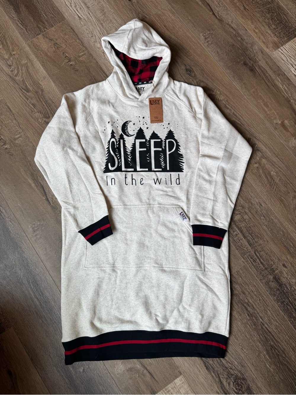Lazy One Cream Hoodie with Black Moon & Trees and Red Plaid Lined Hood